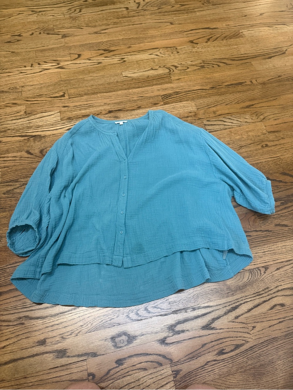 Calme by Johnny Was Button Front Shirt Blue Teal 100% Cotton